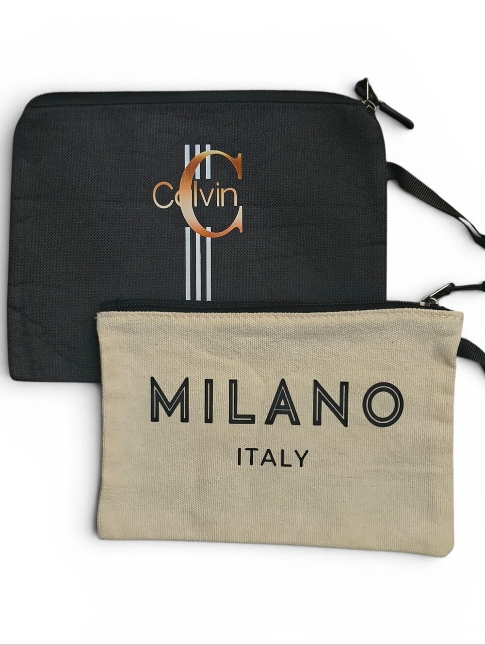 Set of 2 Cosmetic Pouches Milano Italy & C Calvin Black Beige Zipper Bags